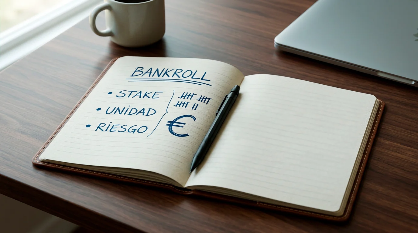 Cuaderno de planificación de bankroll con anotaciones manuscritas sobre gestión de stake y riesgo