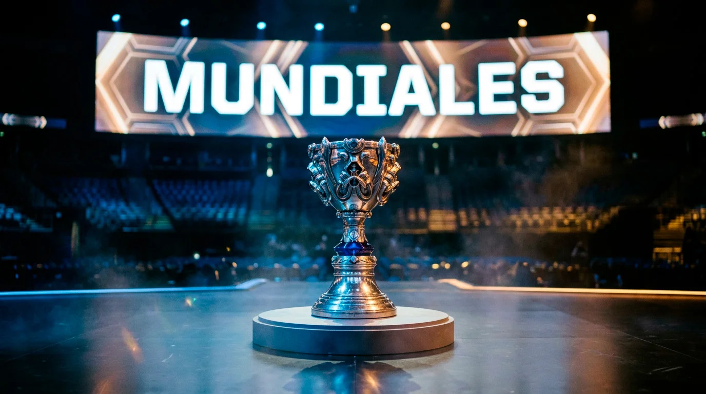 Trofeo de League of Legends Worlds sobre escenario principal con iluminación del evento internacional