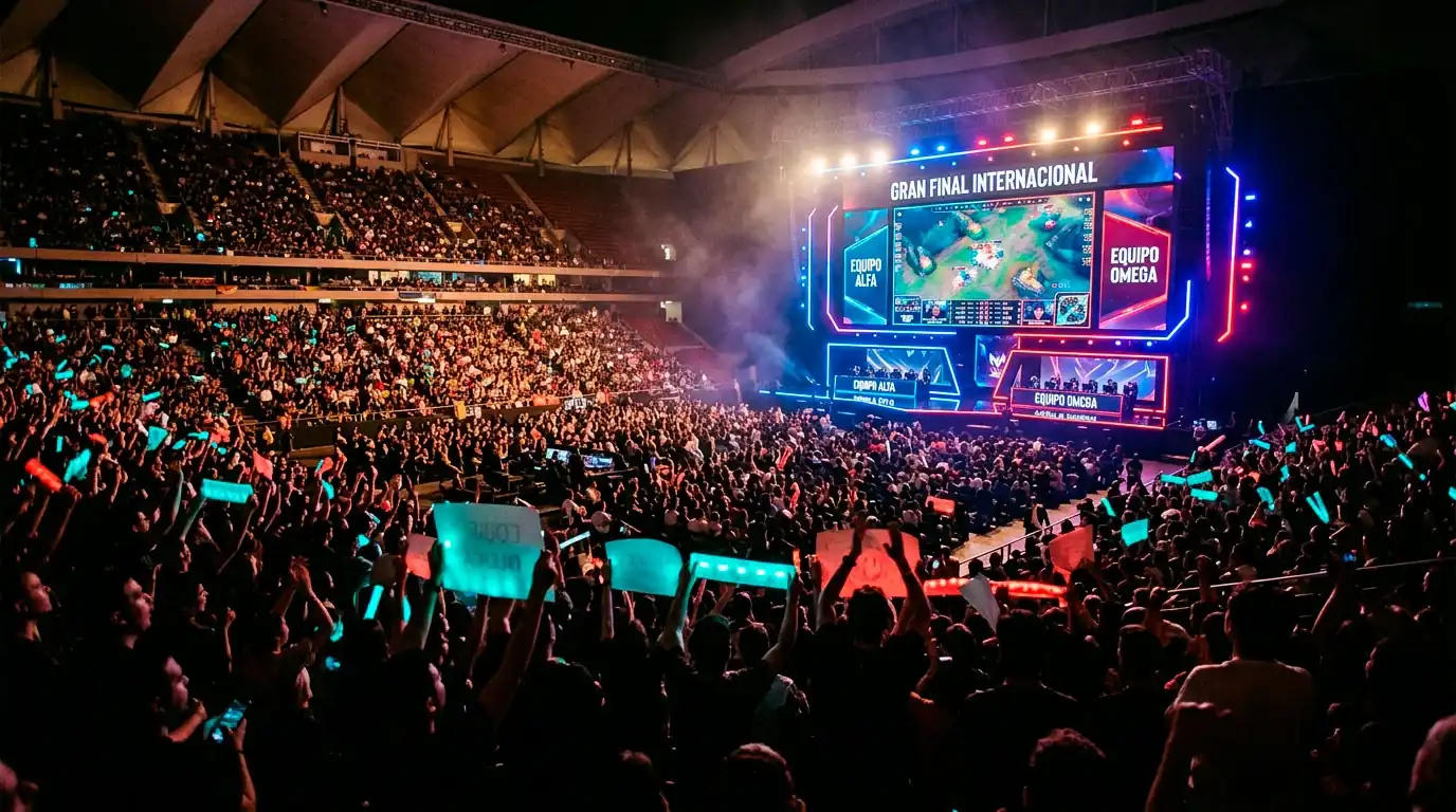Público numeroso en un estadio de esports durante una final internacional de League of Legends