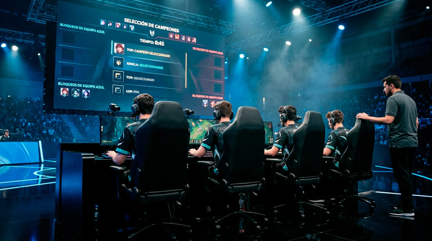Jugadores profesionales de League of Legends concentrados en la fase de selección de campeones en el escenario