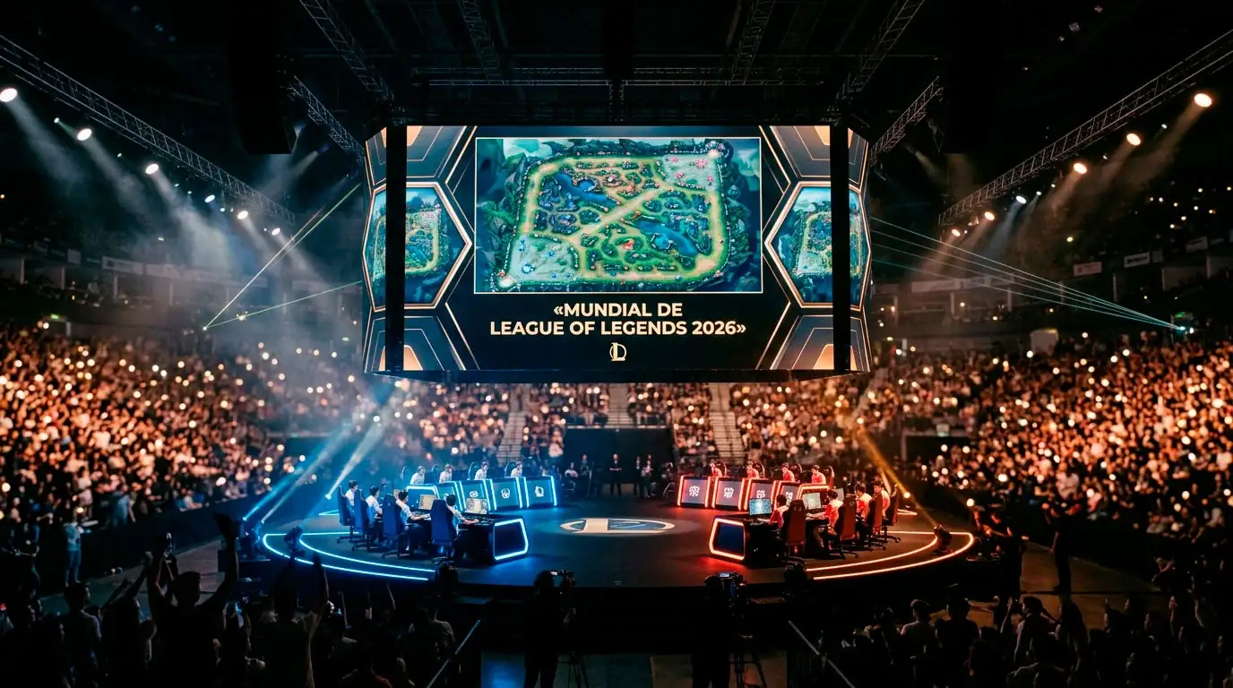 Escenario iluminado de un torneo de League of Legends con el logotipo en pantalla principal
