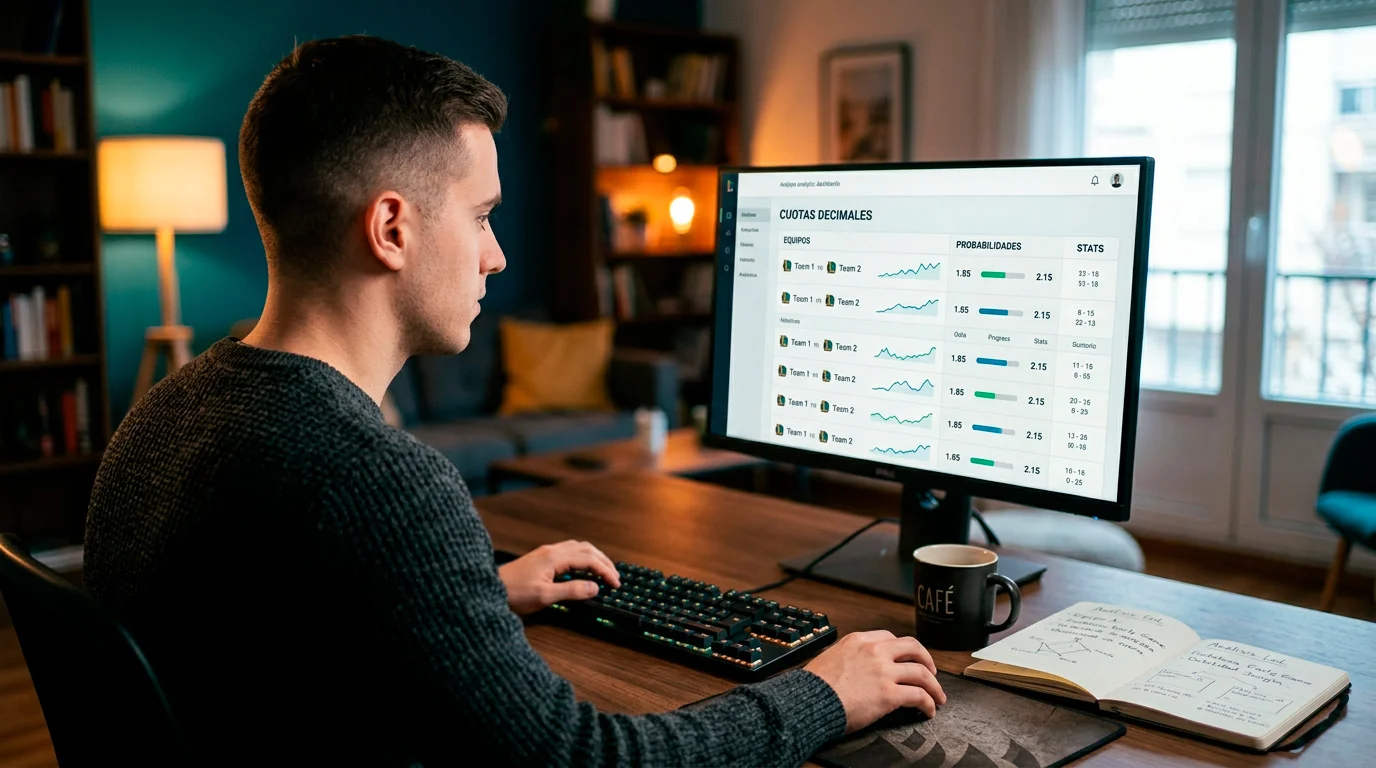 Analista frente a una pantalla revisando cuotas decimales de League of Legends en un listado comparativo